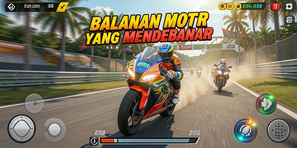 Tampilkan gameplay balapan motor yang seru dan mendebarkan.