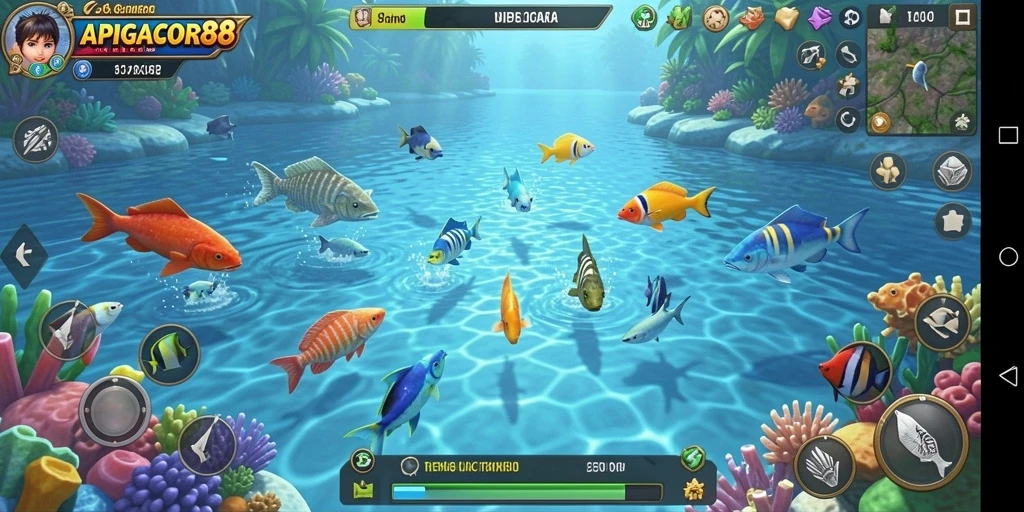 Screenshot utama APIGACOR88 menampilkan aksi memancing ikan yang seru.