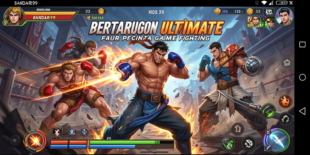 Screenshot utama menunjukkan karakter bertarung dalam aksi epik.