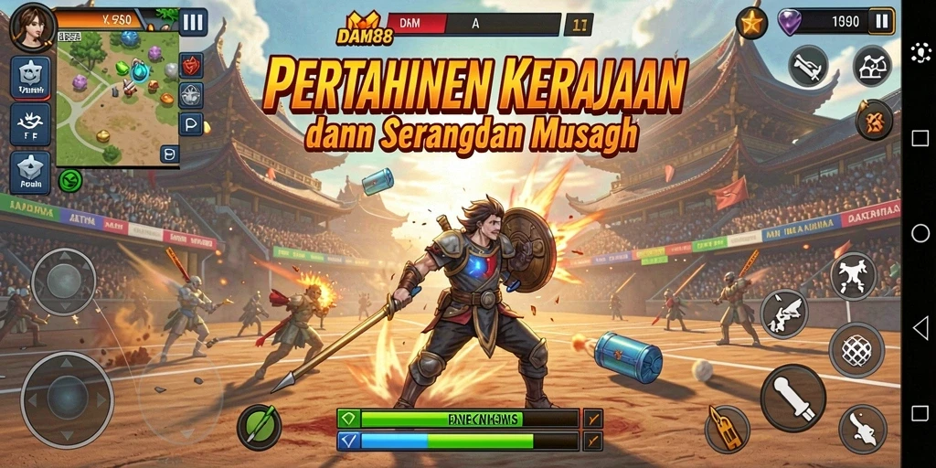 Screenshot utama DAM88 menunjukkan aksi seru dalam pertahanan menara.