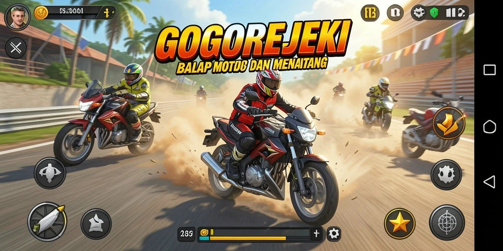 Gameplay mendebarkan di GOGOREJEKI dengan balapan motor cepat.