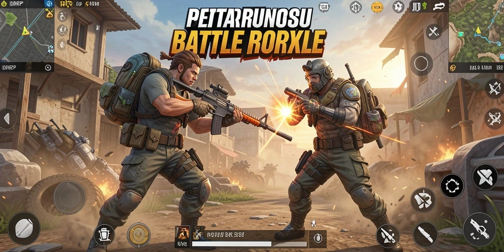 Screenshot menunjukkan pertempuran intens di arena Battle Royale.
