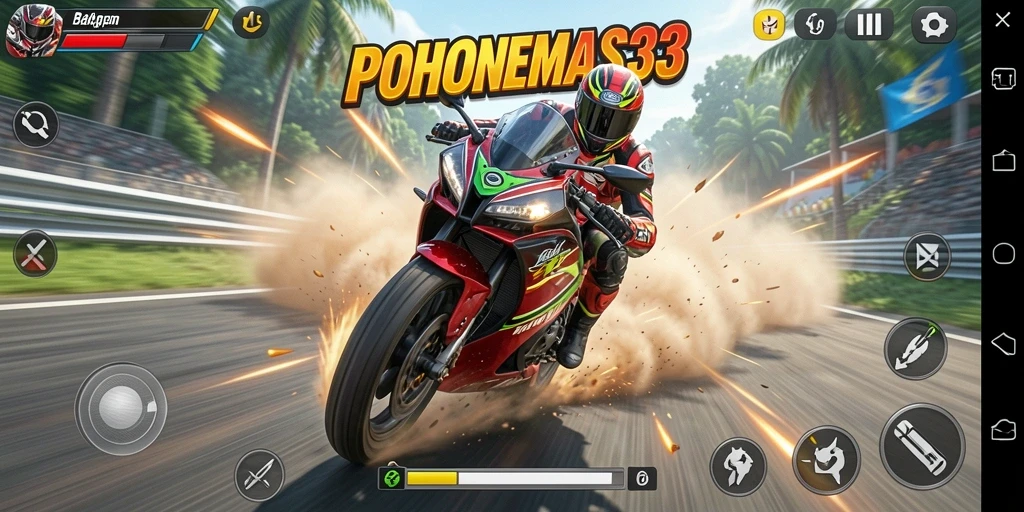 Screenshot gameplay seru dari POHONEMAS33 dengan balapan motor.