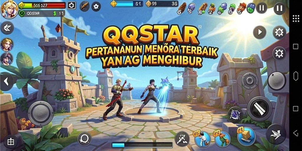 Gameplay QQSTAR menampilkan pertempuran Tower Defense yang epik dan strategis.